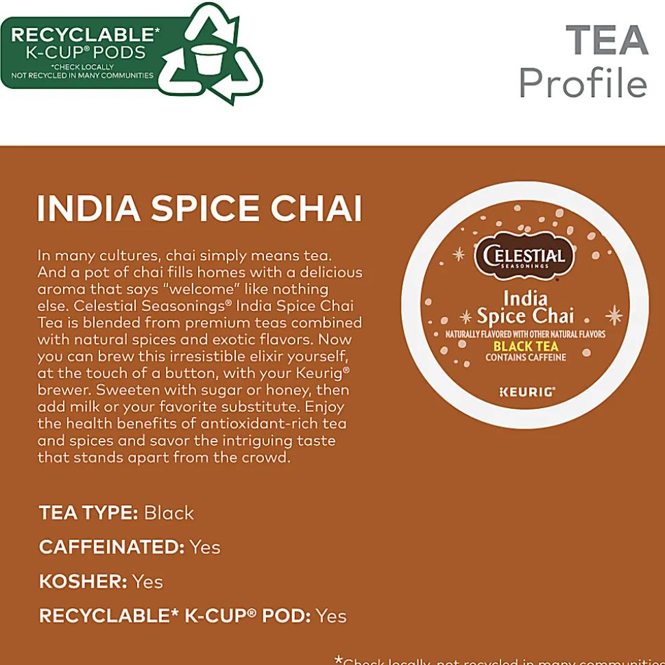 Celestial Seasonings India Spice Chai Keurig Single Serve K-Cup Pods, 24 Pods Per Pack, Case Of 4 Packs