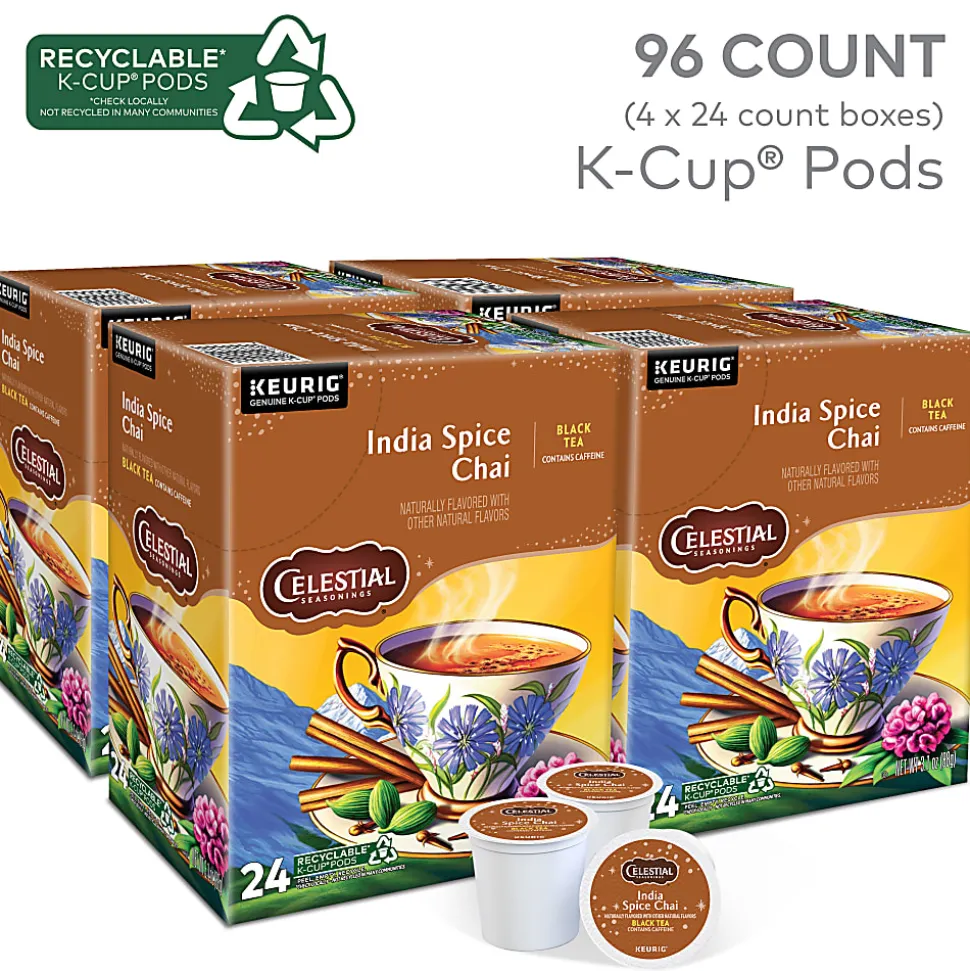 Celestial Seasonings India Spice Chai Keurig Single Serve K-Cup Pods, 24 Pods Per Pack, Case Of 4 Packs
