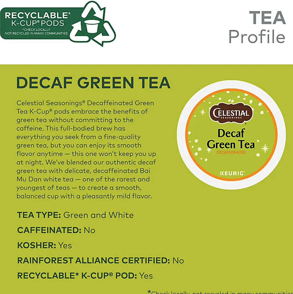 Celestial Seasonings Natural Antioxidant Decaf Green Tea Keurig Single-Serve K-Cup Pods, 24 Pods Per Pack, Case Of 4 Packs