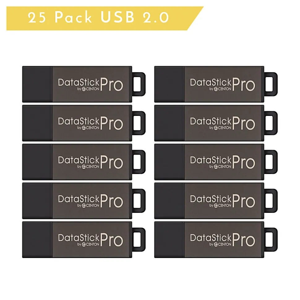 Centon DataStick Pro USB 2.0 Flash Drives, 8GB, Pro Gray, Pack Of 25 Flash Drives, S1-U2P1-8G25PK