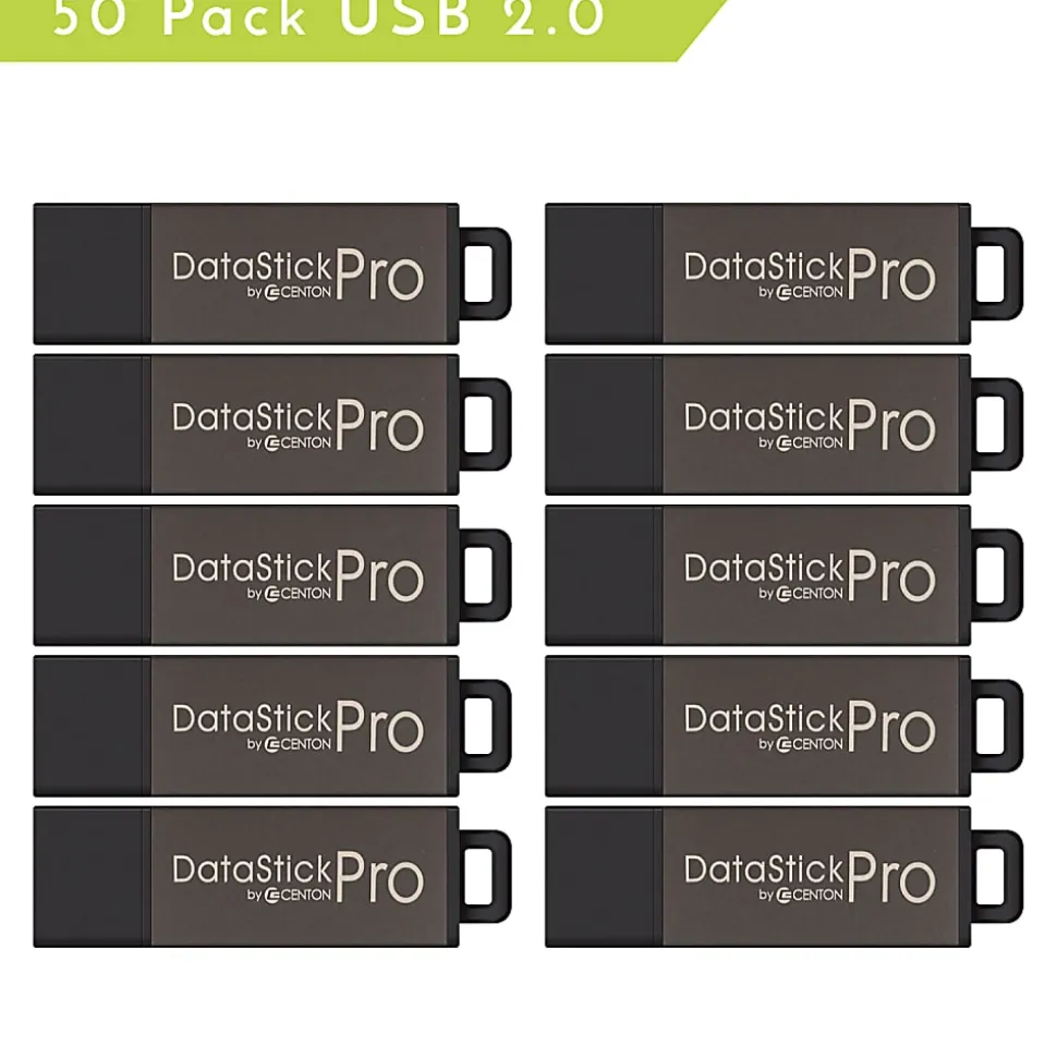Centon DataStick Pro USB Flash Drives, USB 2.0, 4GB, Gray, Pack Of 50, S1-U2P1-4G50PK