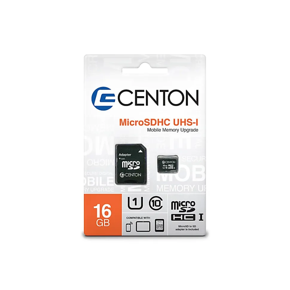 Centon microSDHC UHS-I Flash Memory Card, With SD Adapter, 16GB