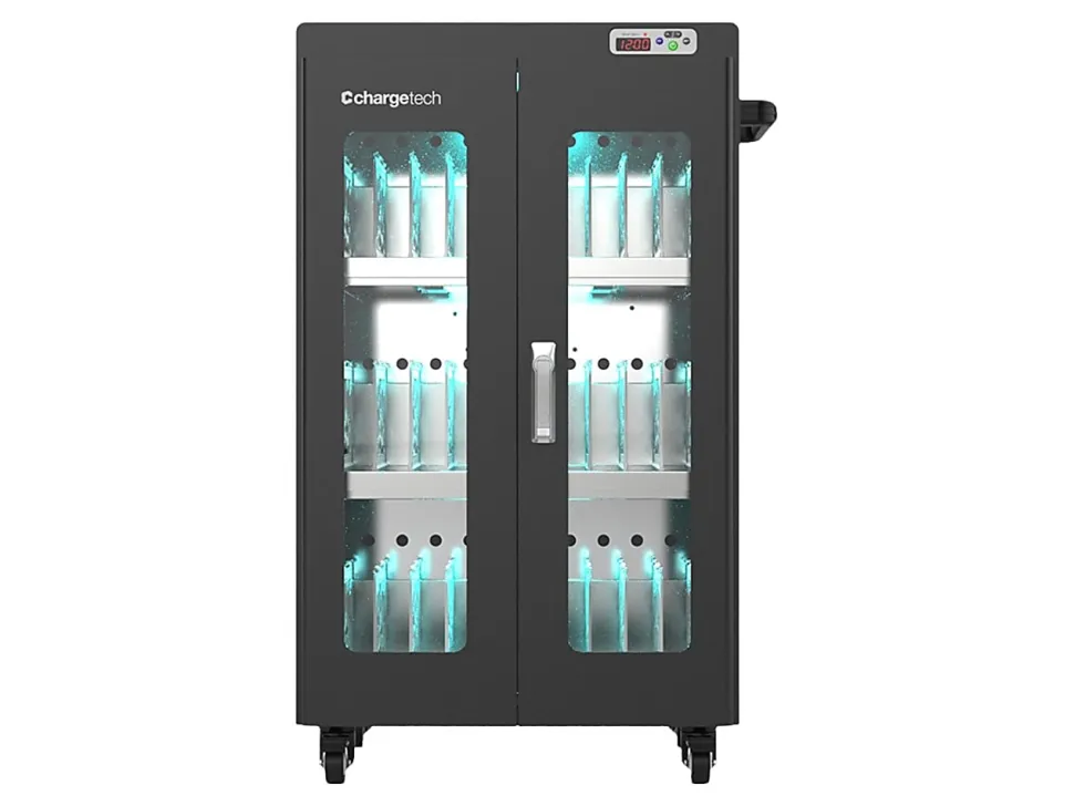 ChargeTech Metal UV Clean And Change Cart, 30-Bay, 55”H x 26”W x 22”D, Silver/Black