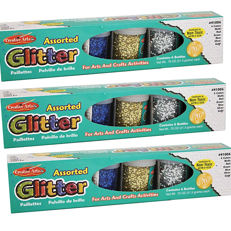 Charles Leonard Creative Arts Glitter Sets, Assorted Colors, 0.75 Oz, 6 Containers Per Pack, Set Of 3 Packs