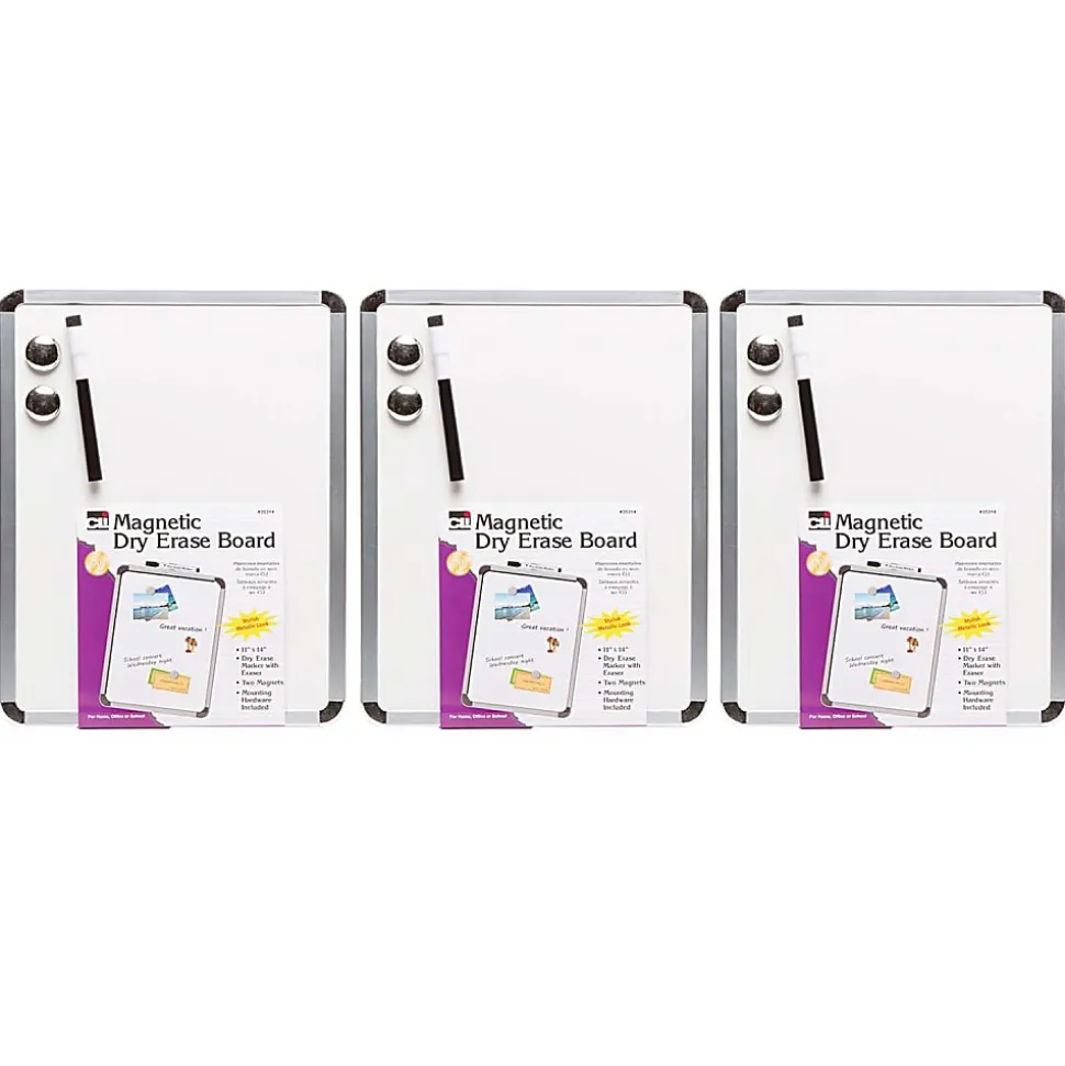 Charles Leonard Framed Magnetic Dry-Erase Boards With Markers & Magnets, 11" x 14", Silver Frame, Pack Of 3