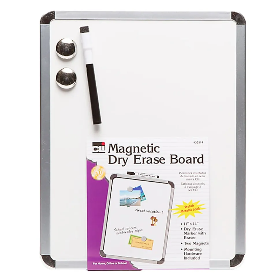 Charles Leonard Framed Magnetic Dry-Erase Boards With Markers & Magnets, 11" x 14", Silver Frame, Pack Of 3