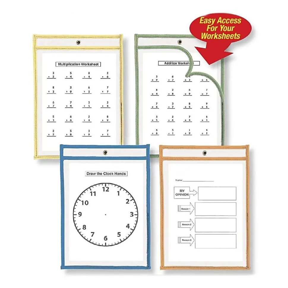 Charles Leonard Non-Magnetic Dry-Erase Pockets, 9" x 12", Assorted Colors, Set Of 30 Pockets