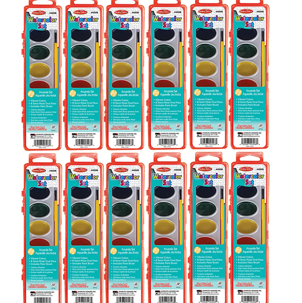 Charles Leonard Semi-Moist Watercolor Paint Sets, Pack Of 12 Sets