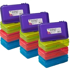 Charles Leonard Translucent Pencil Boxes, 5-1/4" x 2-1/2" x 8-1/4", Assorted Colors, Pack Of 12 Boxes