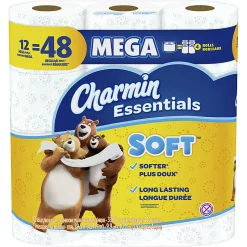 Charmin Essentials 2-Ply Soft Mega Toilet Paper Rolls, 15” x 5-1/4”, White, 330 Sheets Per Roll, Pack Of 12 Rolls