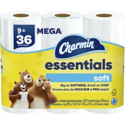 Charmin Essentials Soft Mega 2-Ply Toilet Paper Rolls, 4" x 4-1/2", 330 Sheets Per Roll, White, Pack Of 9 Rolls