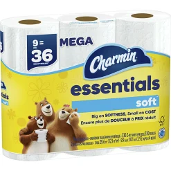Charmin Essentials Soft Mega 2-Ply Toilet Paper Rolls, 4" x 4-1/2", 330 Sheets Per Roll, White, Pack Of 9 Rolls