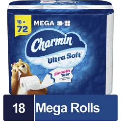 Charmin Ultra Soft 2-Ply Mega Roll Toilet Paper, 4" x 4", White, 224 Sheets Per Roll, Pack Of 18 Rolls