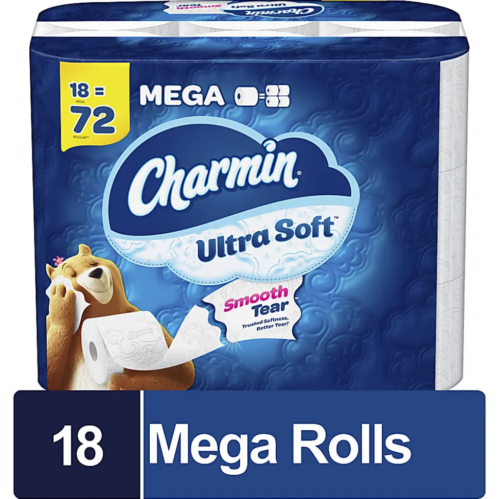 Charmin Ultra Soft 2-Ply Mega Roll Toilet Paper, 4" x 4", White, 224 Sheets Per Roll, Pack Of 18 Rolls