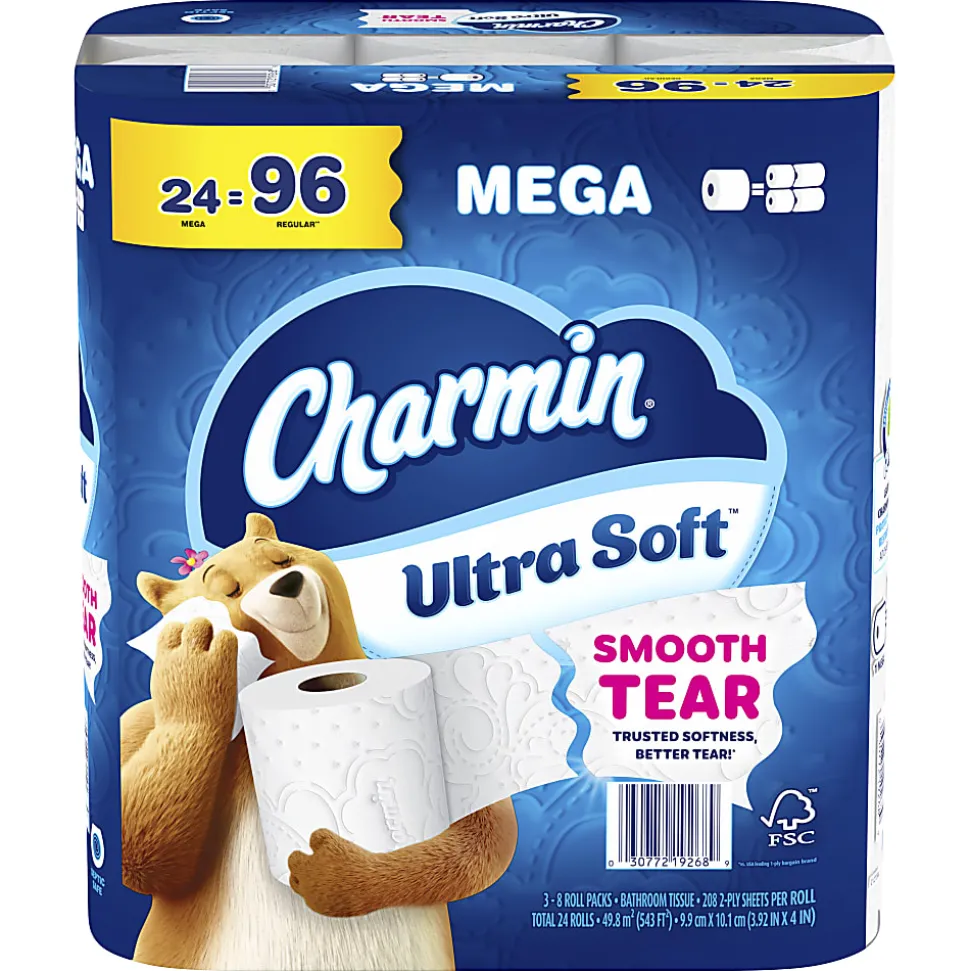 Charmin Ultra Soft 2-Ply Toilet Paper, 4" x 4", 208 Sheets Per Roll, Pack Of 24 Mega Rolls