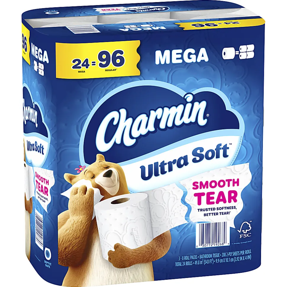 Charmin Ultra Soft 2-Ply Toilet Paper, 4" x 4", 208 Sheets Per Roll, Pack Of 24 Mega Rolls