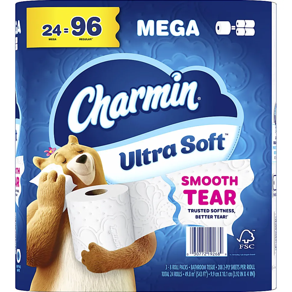 Charmin Ultra Soft 2-Ply Toilet Paper, 4" x 4", 208 Sheets Per Roll, Pack Of 24 Mega Rolls
