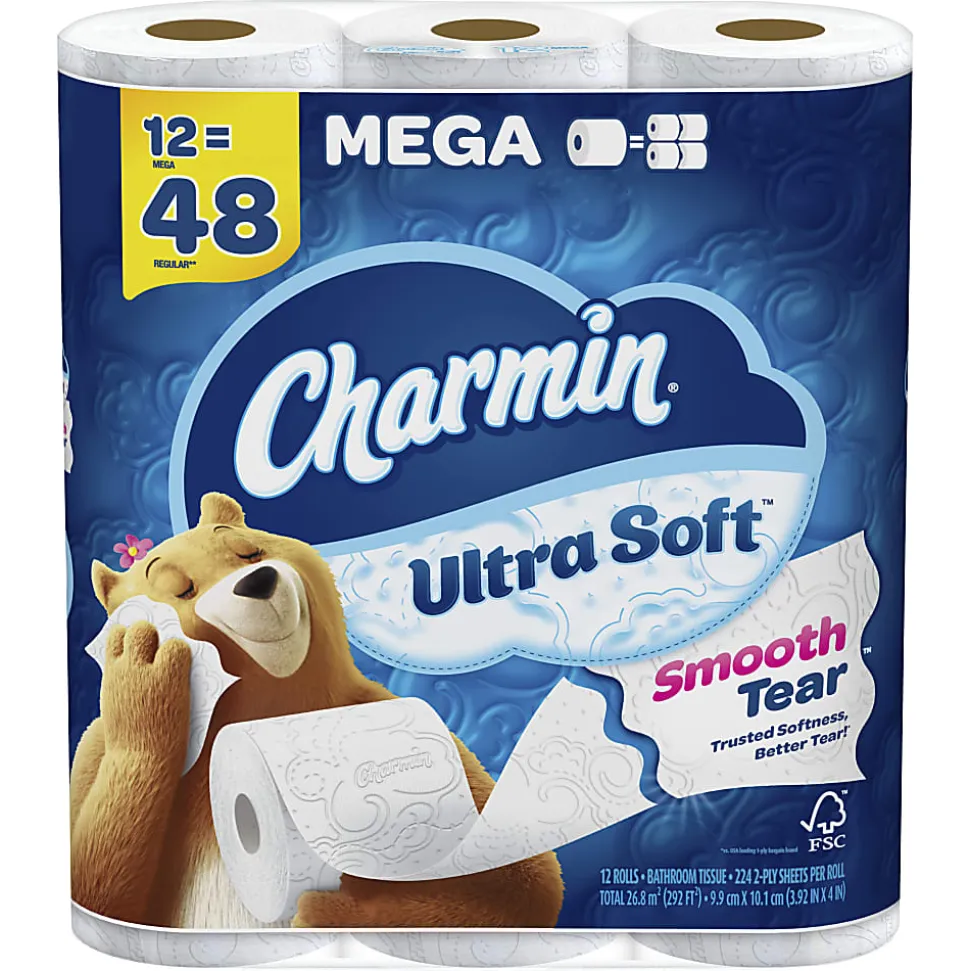 Charmin Ultra-Soft 2-Ply Toilet Paper Mega Rolls, 4" x 4", White, 224 Sheets Per Roll, Pack Of 12 Rolls