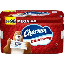 Charmin Ultra Strong Toilet Paper Mega Rolls, 4” x 3-15/16”, White, 220 Sheets Per Roll, Pack Of 24 Mega Rolls