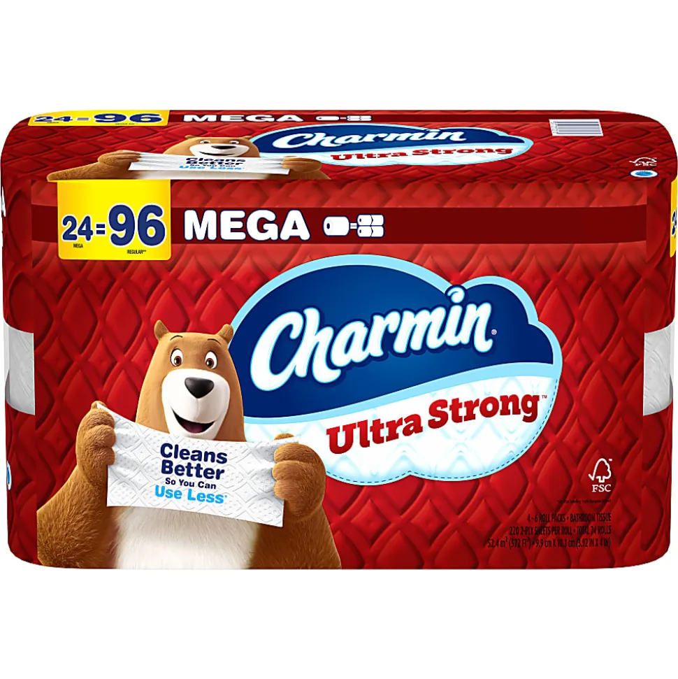 Charmin Ultra Strong Toilet Paper Mega Rolls, 4” x 3-15/16”, White, 220 Sheets Per Roll, Pack Of 24 Mega Rolls