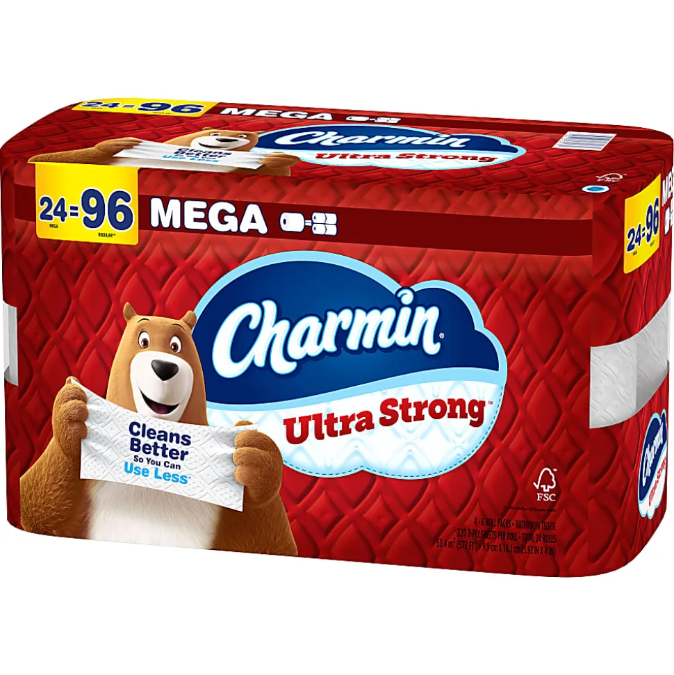 Charmin Ultra Strong Toilet Paper Mega Rolls, 4” x 3-15/16”, White, 220 Sheets Per Roll, Pack Of 24 Mega Rolls