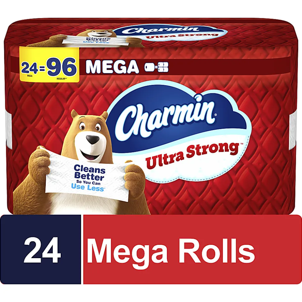 Charmin Ultra Strong Toilet Paper Mega Rolls, 4” x 3-15/16”, White, 220 Sheets Per Roll, Pack Of 24 Mega Rolls