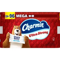 Charmin Ultra Strong Toilet Paper Mega Rolls, 4” x 3-15/16”, White, 220 Sheets Per Roll, Pack Of 24 Mega Rolls