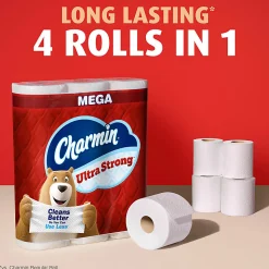 Charmin Ultra Strong Toilet Paper Mega Rolls, 4” x 3-15/16”, White, 220 Sheets Per Roll, Pack Of 24 Mega Rolls
