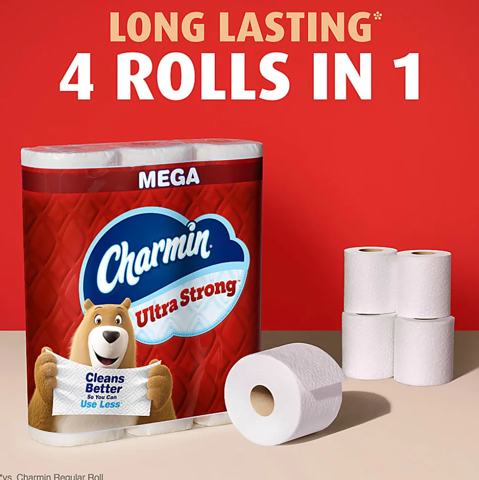 Charmin Ultra Strong Toilet Paper Mega Rolls, 4” x 3-15/16”, White, 220 Sheets Per Roll, Pack Of 24 Mega Rolls