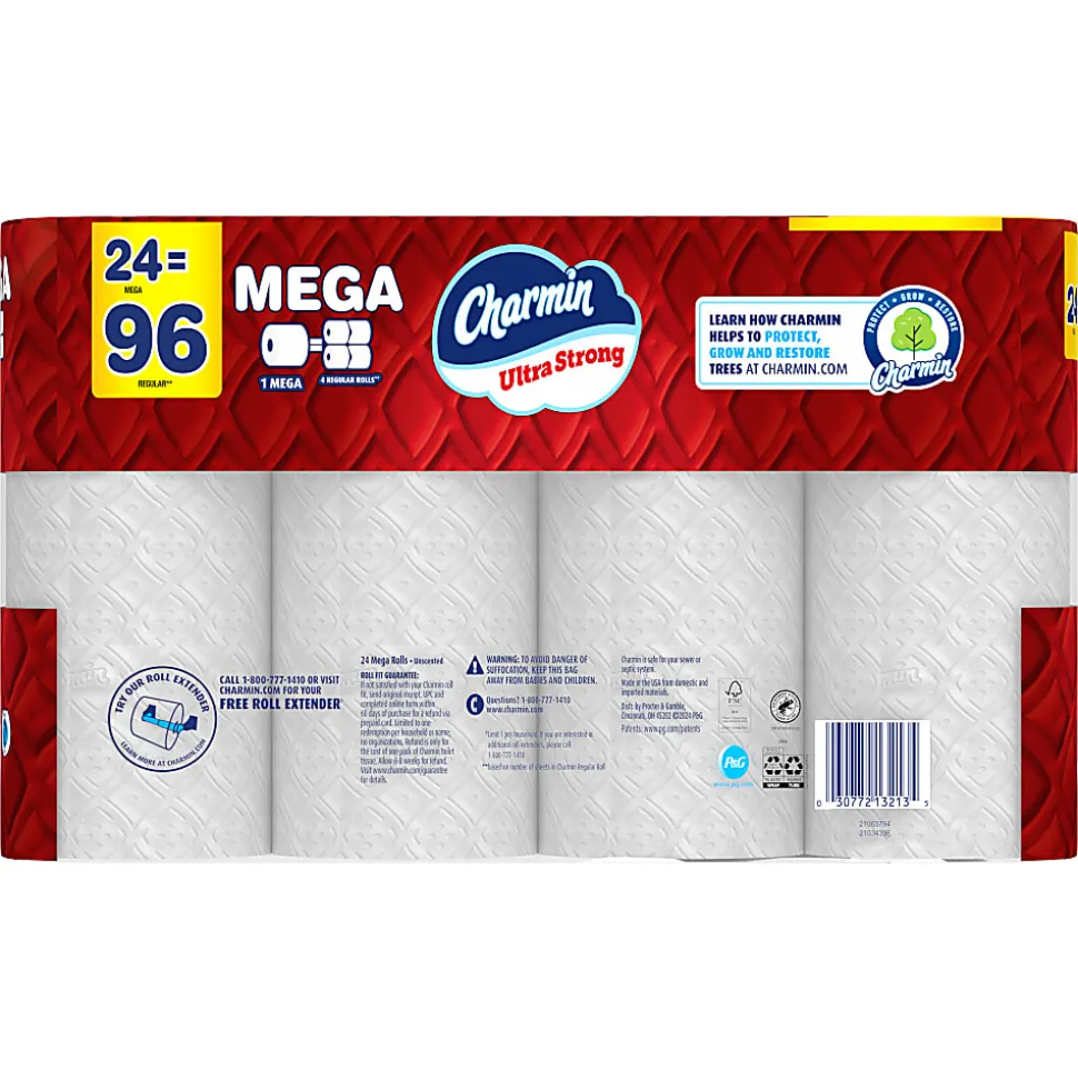Charmin Ultra Strong Toilet Paper Mega Rolls, 4” x 3-15/16”, White, 220 Sheets Per Roll, Pack Of 24 Mega Rolls