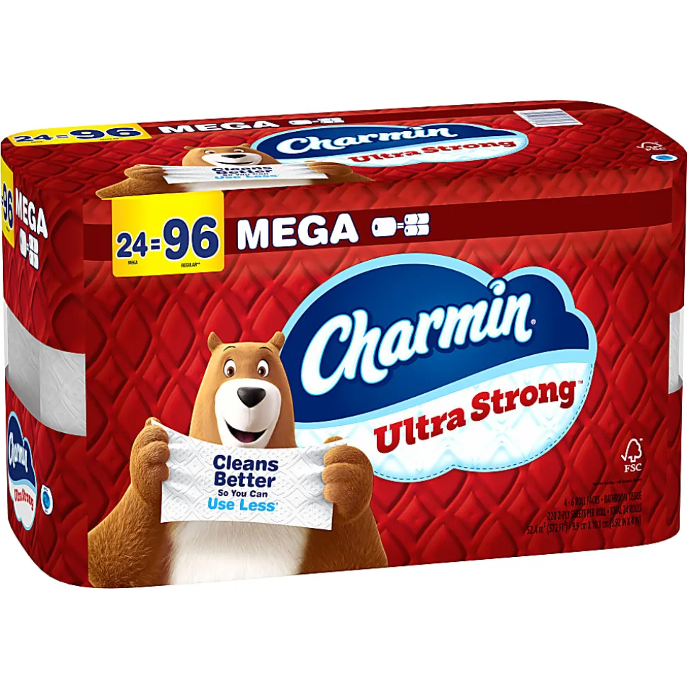 Charmin Ultra Strong Toilet Paper Mega Rolls, 4” x 3-15/16”, White, 220 Sheets Per Roll, Pack Of 24 Mega Rolls