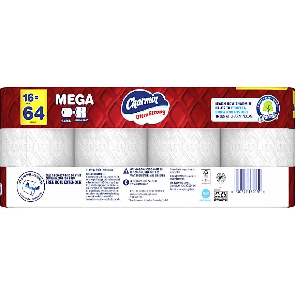 Charmin Ultra Strong Toilet Paper Mega Rolls, 4” x 3-15/16”, White, 220 Sheets Per Roll, Pack Of 16 Mega Rolls