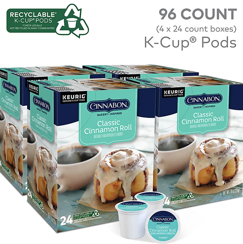 Cinnabon Classic Cinnamon Roll Keurig Single-Serve K-Cup Pods, Light Roast, 24 Pods Per Pack, Case Of 4 Packs