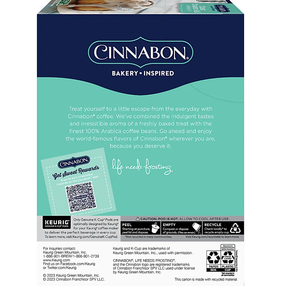 Cinnabon Classic Cinnamon Roll Keurig Single-Serve K-Cup Pods, Light Roast, 24 Pods Per Pack, Case Of 4 Packs