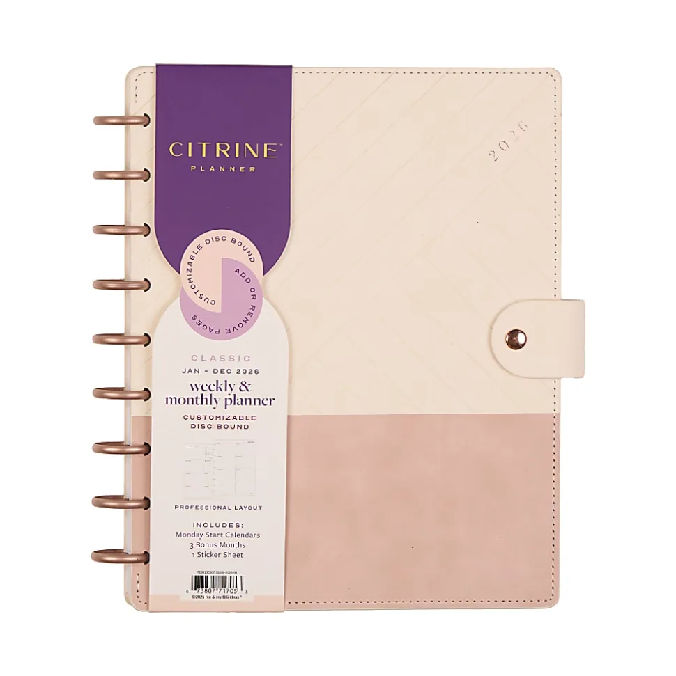 2026 Citrine Monthly/Weekly Classic Disc Bound Planner, 7" x 9-1/4", Ivory Diagonals, January To December, PD0123C007