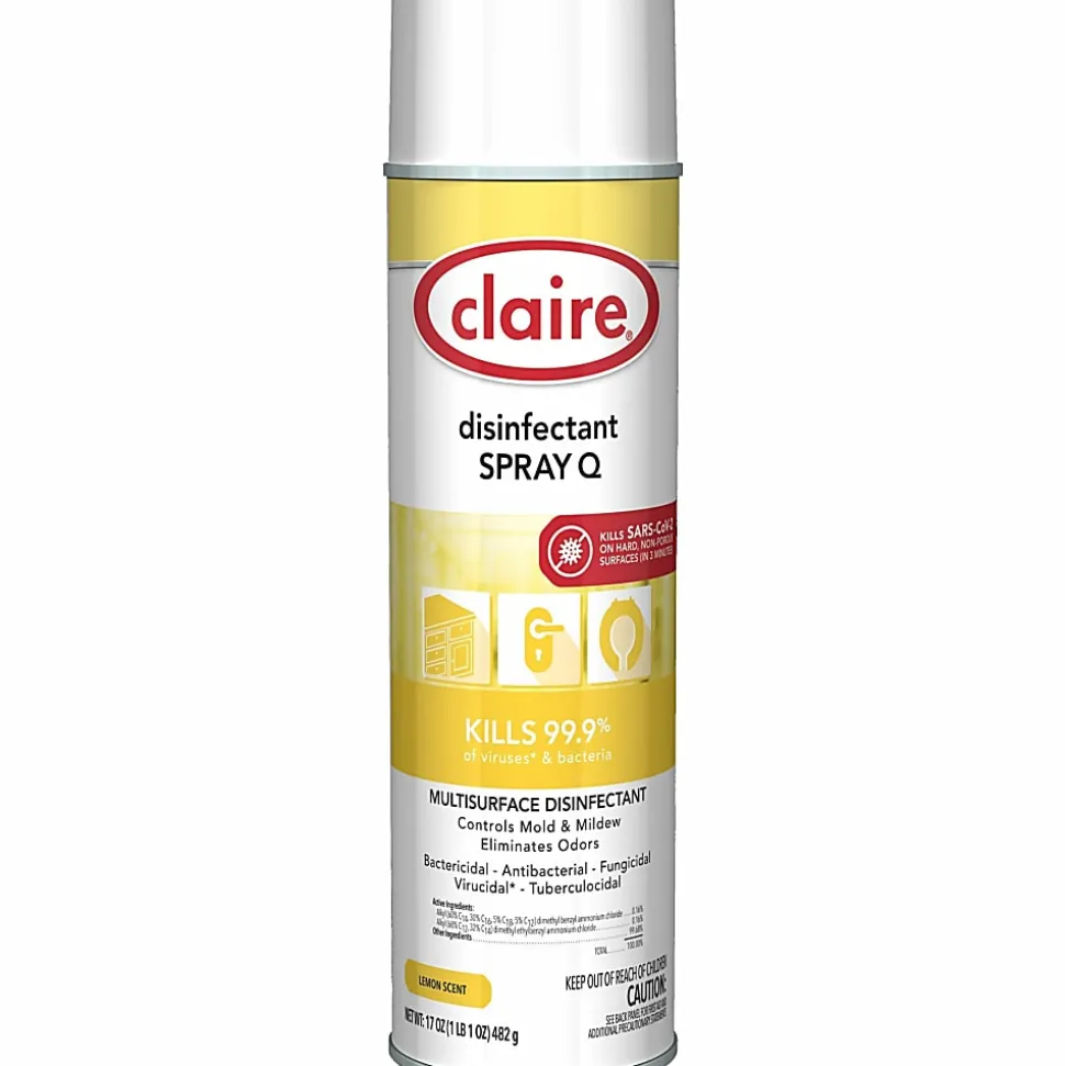 Claire Multipurpose Disinfectant Spray - Ready-To-Use - 17 fl oz (0.5 quart) - Lemon Scent - Antibacterial - Yellow - 12 / Carton