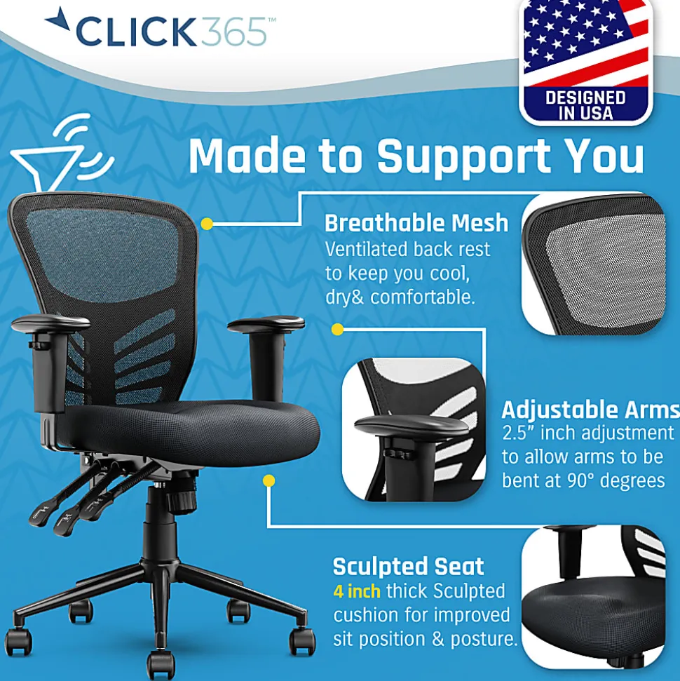 Click365 Flow Ergonomic Mesh Mid-Back Office Task Chair, Black