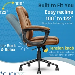 Click365 Transform 1.0 Ergonomic Bonded Leather Mid-Back Manager Office Chair, Cognac