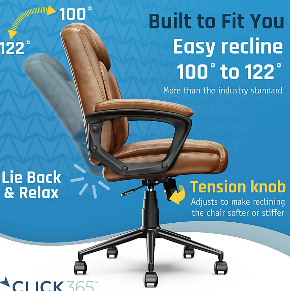 Click365 Transform 1.0 Ergonomic Bonded Leather Mid-Back Manager Office Chair, Cognac