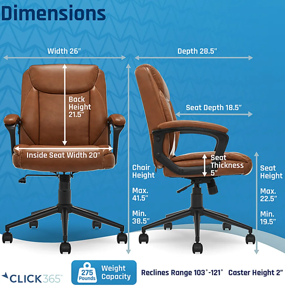 Click365 Transform 1.0 Ergonomic Bonded Leather Mid-Back Manager Office Chair, Cognac