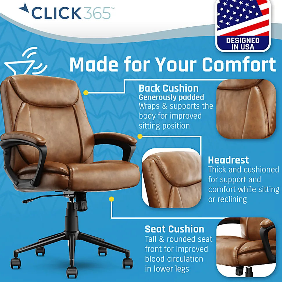 Click365 Transform 1.0 Ergonomic Bonded Leather Mid-Back Manager Office Chair, Cognac