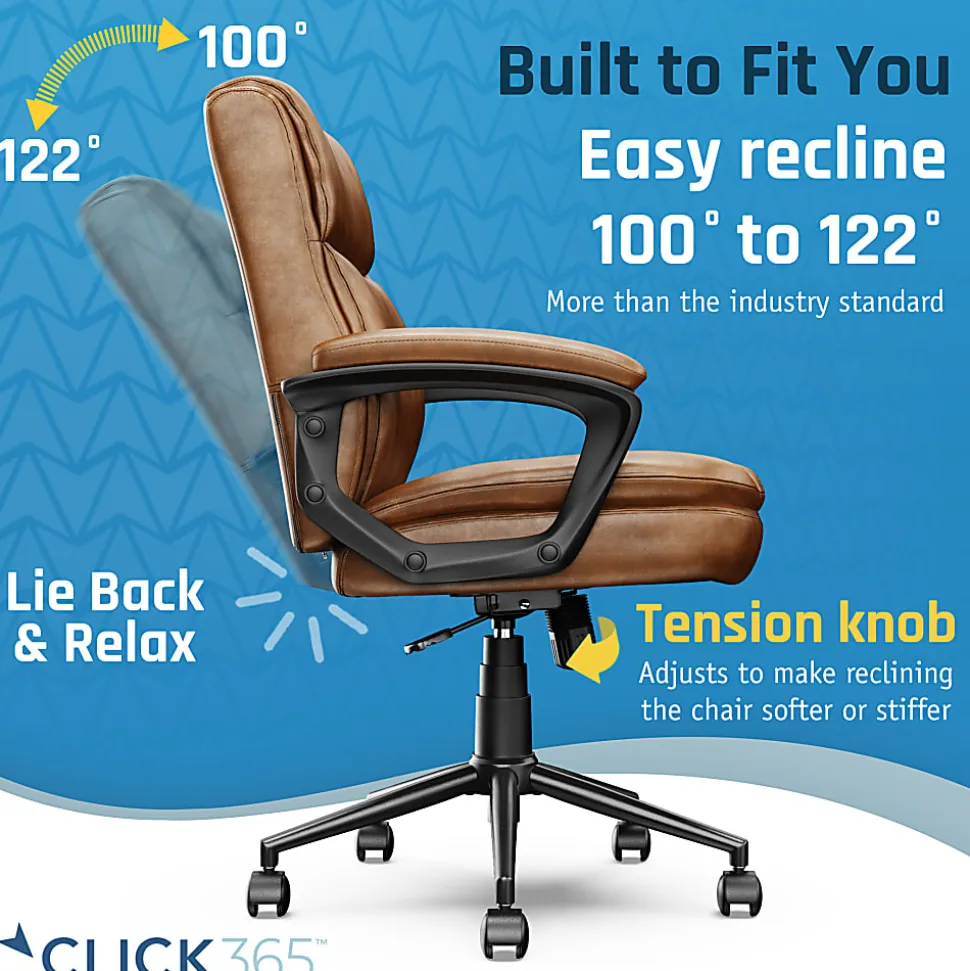Click365 Transform 2.0 Ergonomic Bonded Leather Mid-Back Office Chair, Cognac/Black