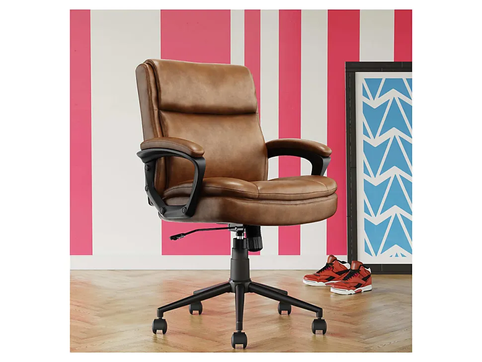Click365 Transform 2.0 Ergonomic Bonded Leather Mid-Back Office Chair, Cognac/Black