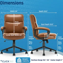 Click365 Transform 2.0 Ergonomic Bonded Leather Mid-Back Office Chair, Cognac/Black