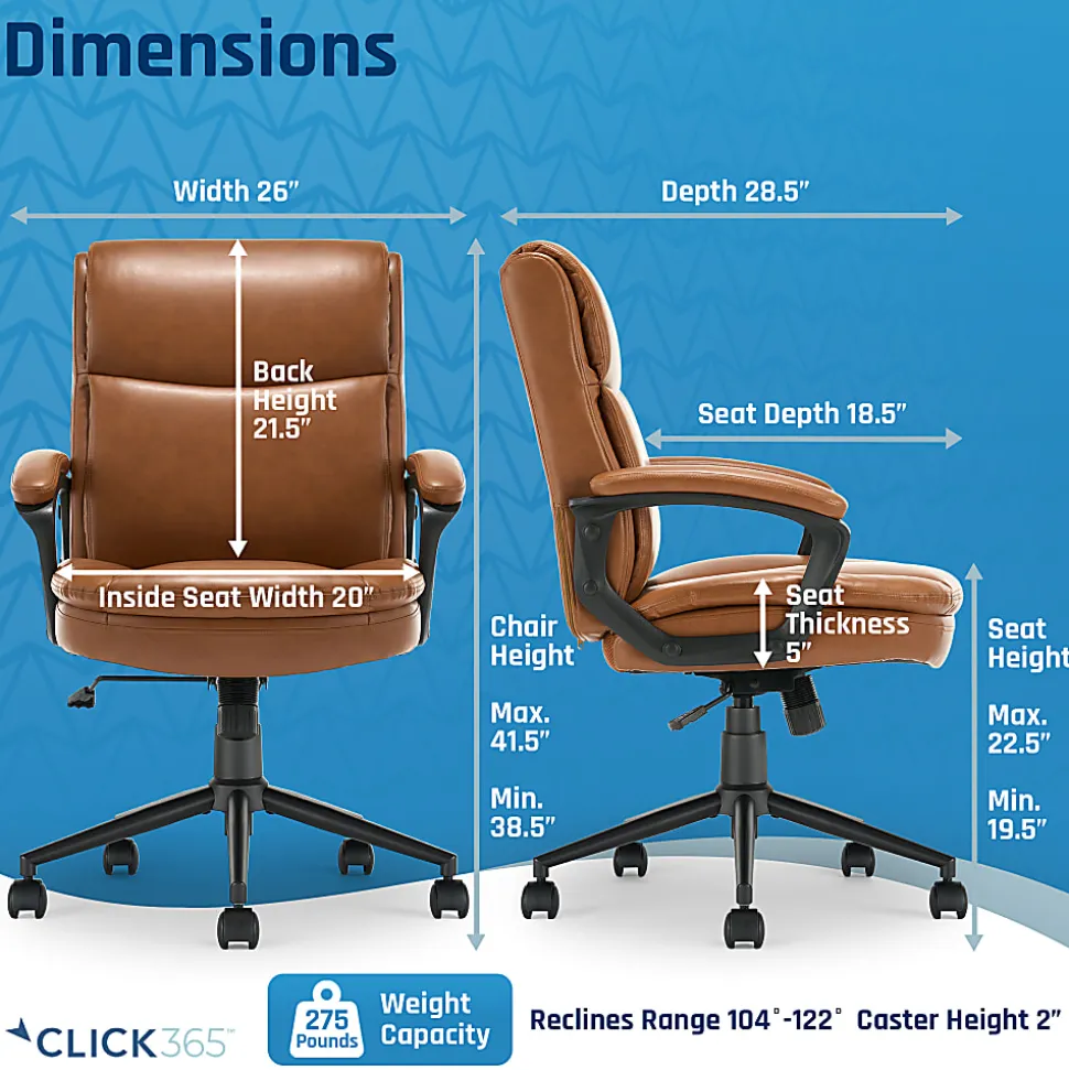 Click365 Transform 2.0 Ergonomic Bonded Leather Mid-Back Office Chair, Cognac/Black