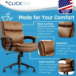 Click365 Transform 2.0 Ergonomic Bonded Leather Mid-Back Office Chair, Cognac/Black