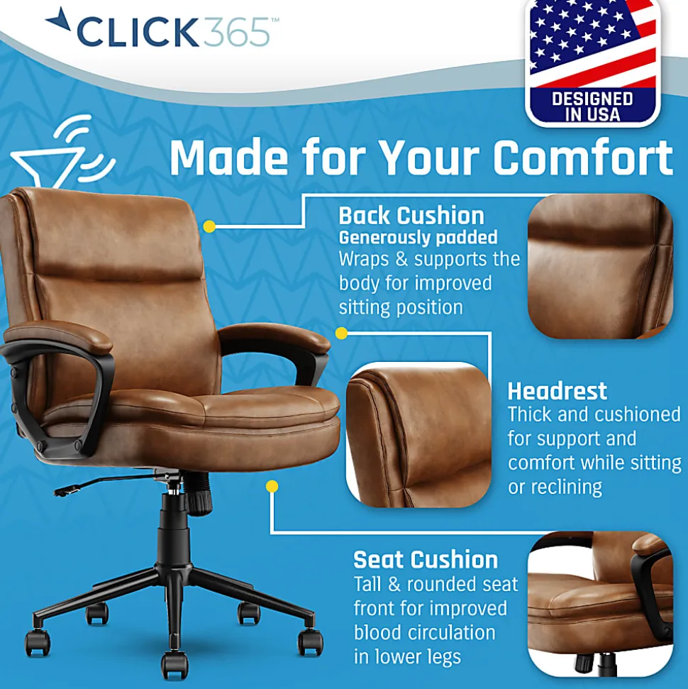 Click365 Transform 2.0 Ergonomic Bonded Leather Mid-Back Office Chair, Cognac/Black