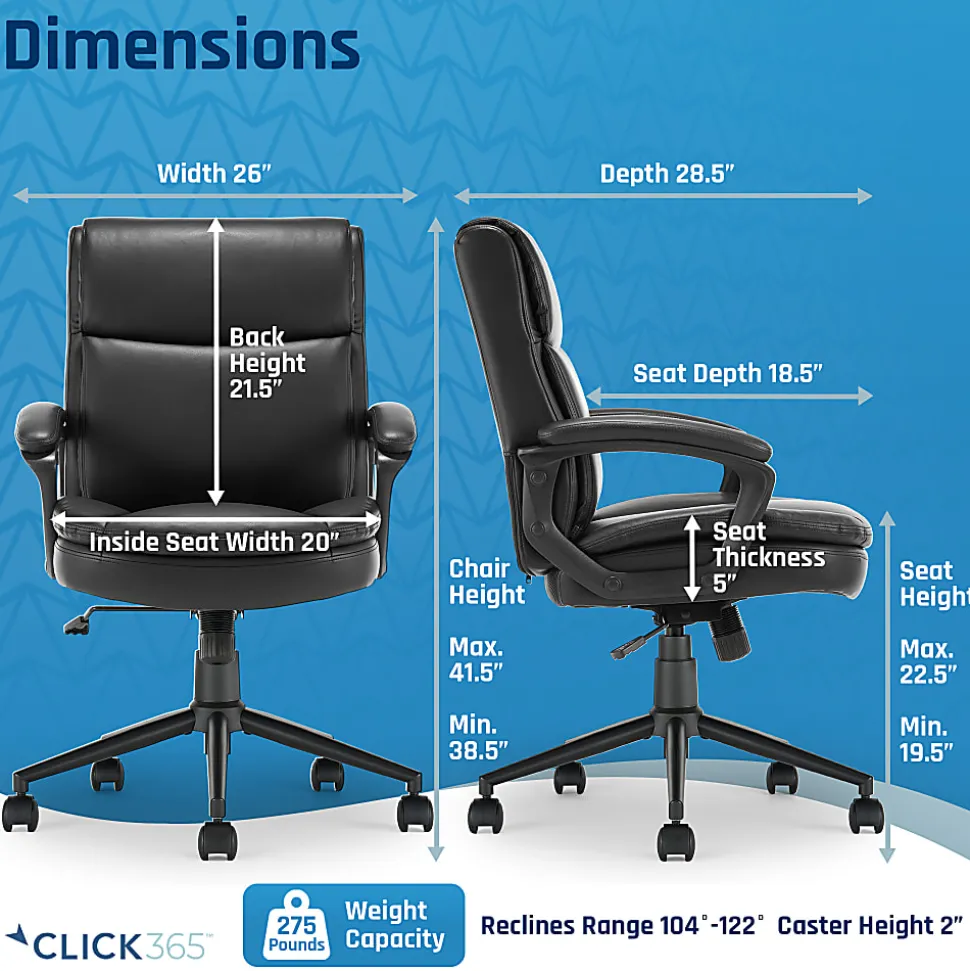 Click365 Transform 2.0 Ergonomic Bonded Leather Mid-Back Office Chair, Black