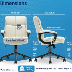 Click365 Transform 2.0 Ergonomic Bonded Leather Mid-Back Office Chair, White/Black
