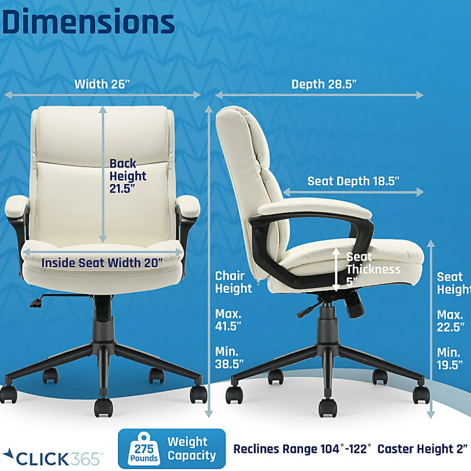 Click365 Transform 2.0 Ergonomic Bonded Leather Mid-Back Office Chair, White/Black